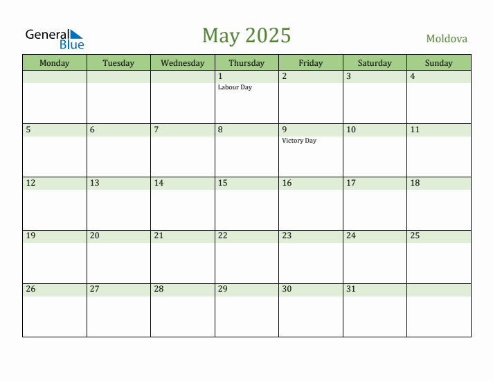 May 2025 Calendar with Moldova Holidays