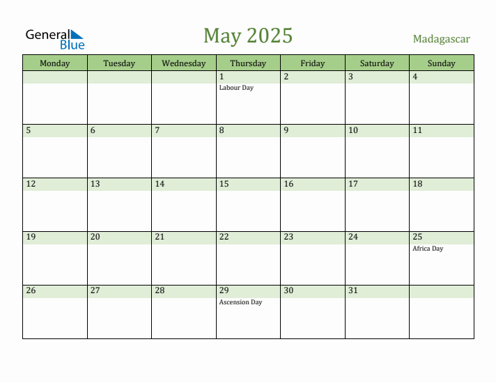 May 2025 Calendar with Madagascar Holidays