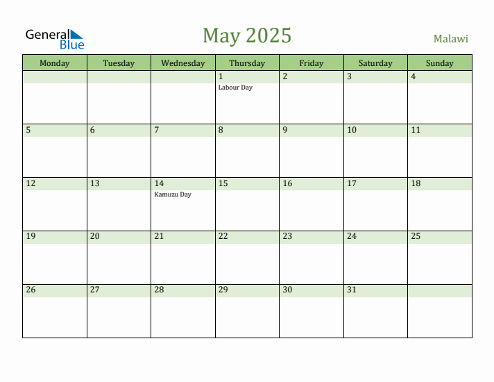 May 2025 Calendar with Malawi Holidays