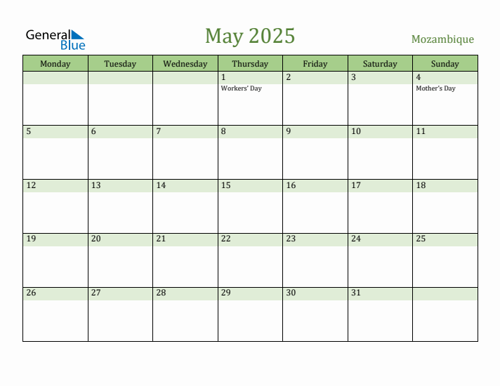 May 2025 Calendar with Mozambique Holidays