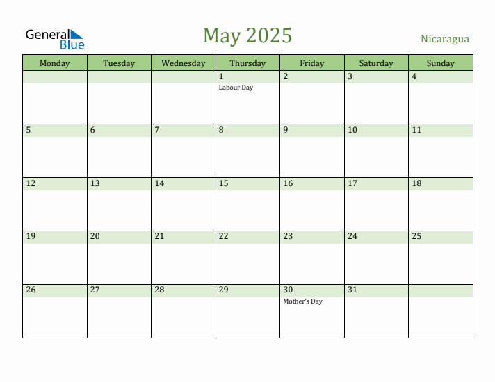 May 2025 Calendar with Nicaragua Holidays