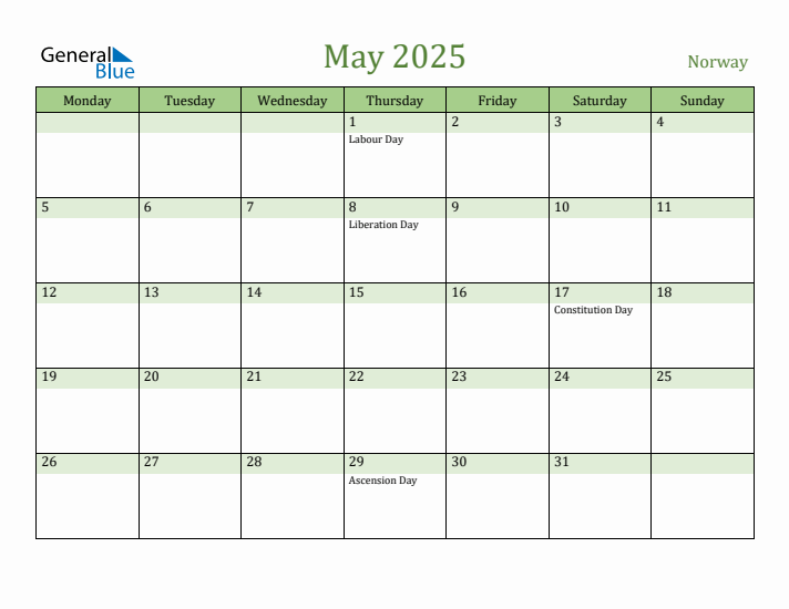 May 2025 Calendar with Norway Holidays