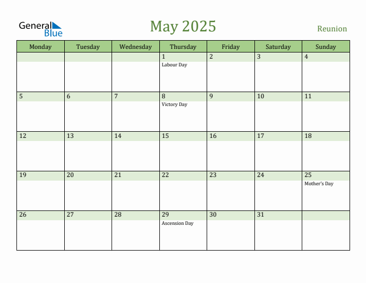 May 2025 Calendar with Reunion Holidays