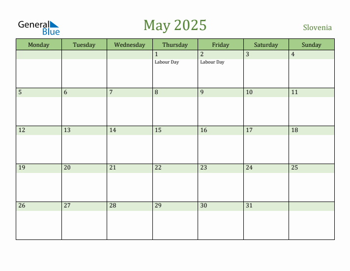 May 2025 Calendar with Slovenia Holidays