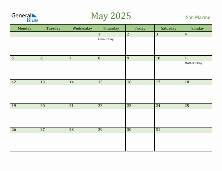 May 2025 Calendar with San Marino Holidays