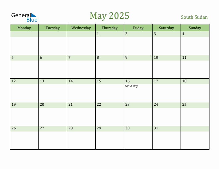 May 2025 Calendar with South Sudan Holidays