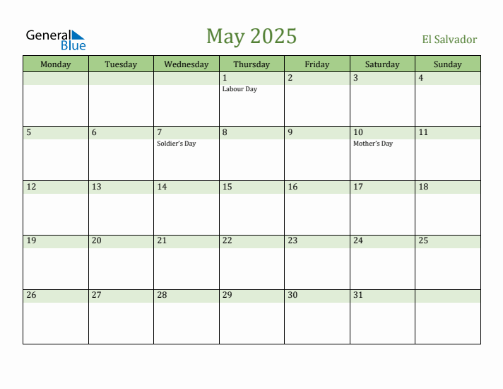 May 2025 Calendar with El Salvador Holidays