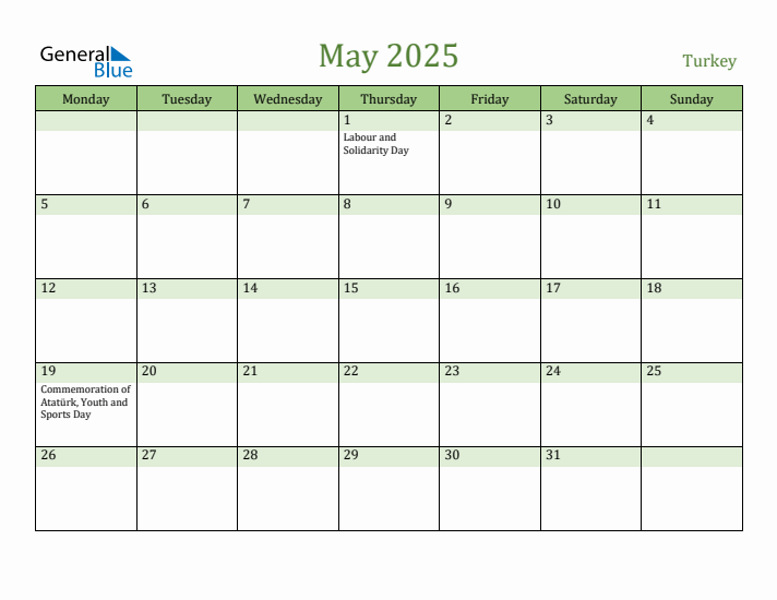 May 2025 Calendar with Turkey Holidays