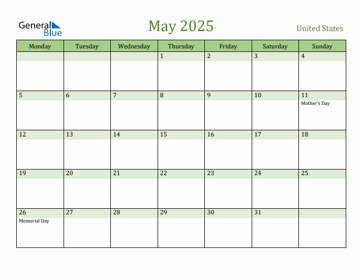 May 2025 Calendar with United States Holidays