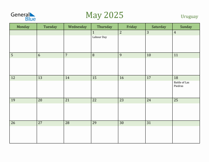 May 2025 Calendar with Uruguay Holidays