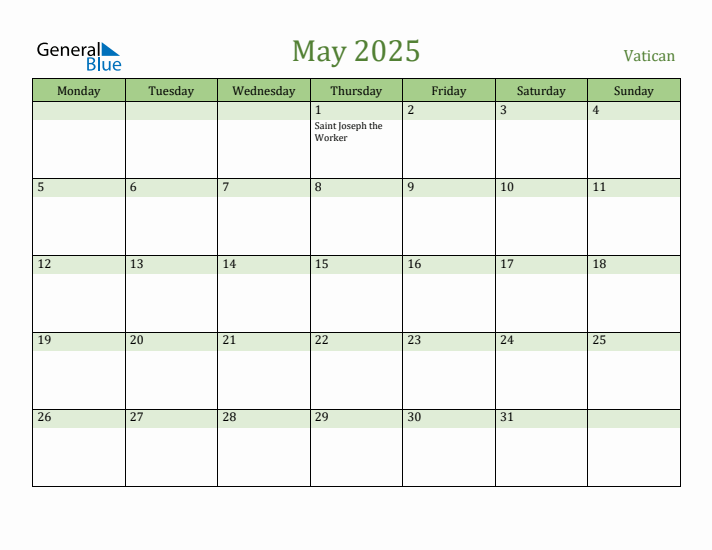 May 2025 Calendar with Vatican Holidays