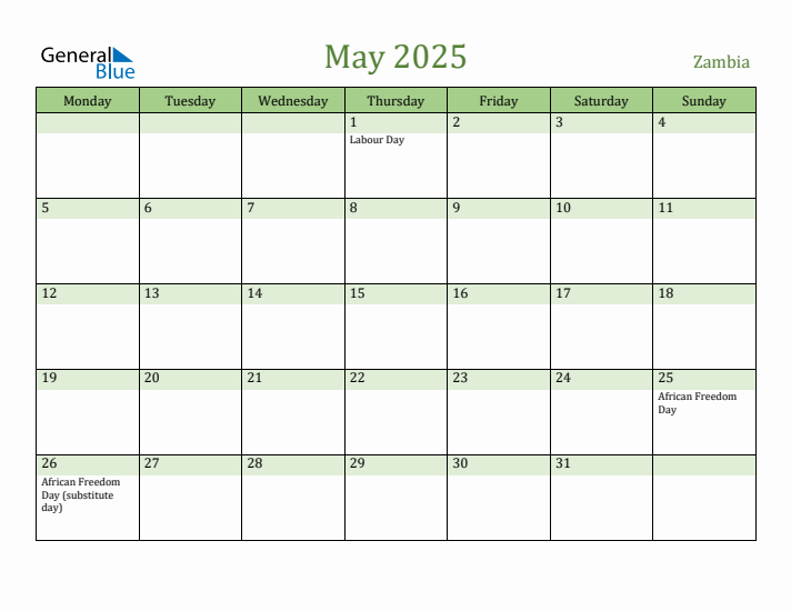 May 2025 Calendar with Zambia Holidays