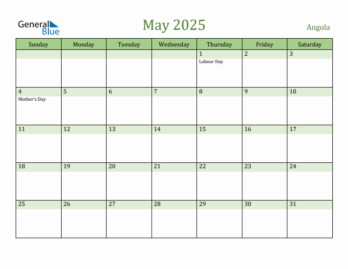 May 2025 Calendar with Angola Holidays