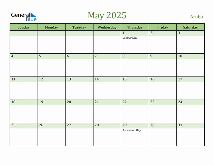 May 2025 Calendar with Aruba Holidays