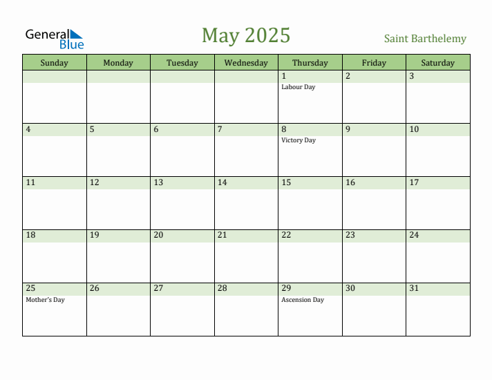 May 2025 Calendar with Saint Barthelemy Holidays