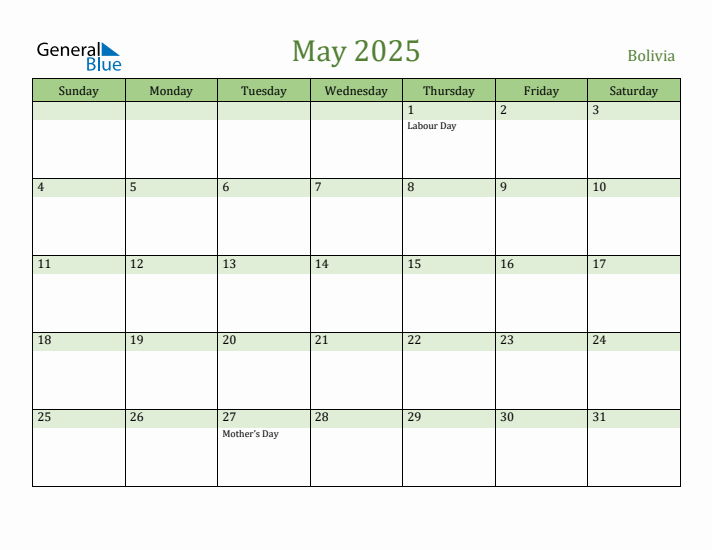 May 2025 Calendar with Bolivia Holidays