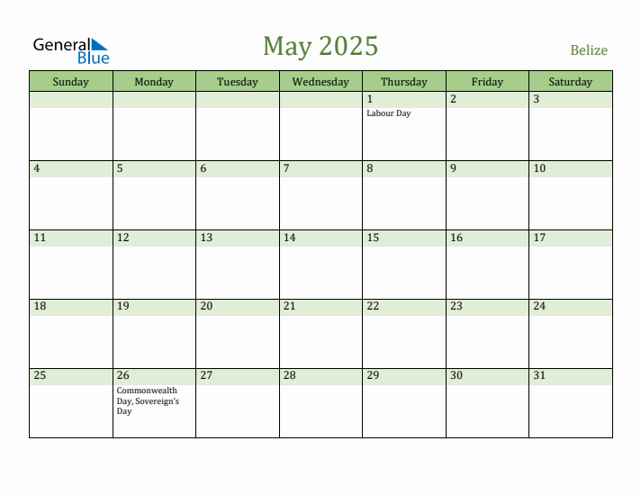 May 2025 Calendar with Belize Holidays