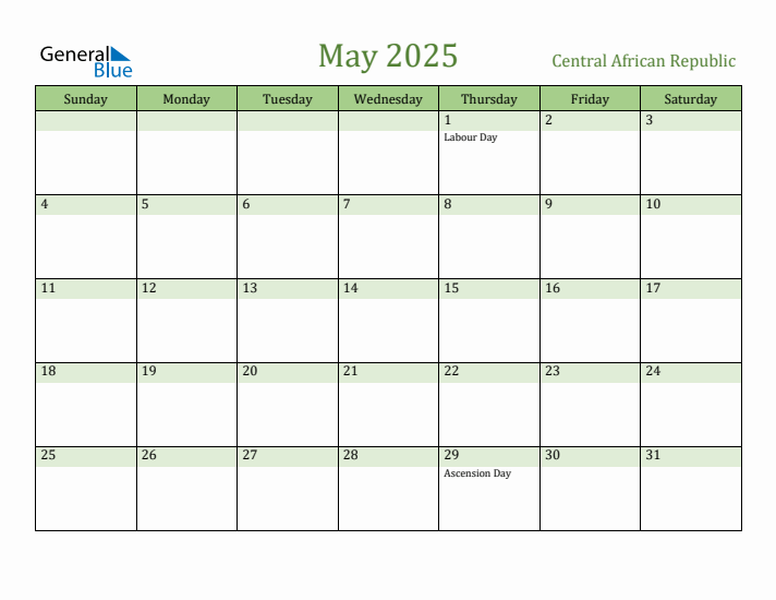 May 2025 Calendar with Central African Republic Holidays