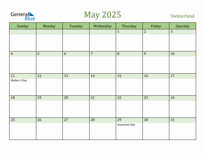 May 2025 Calendar with Switzerland Holidays