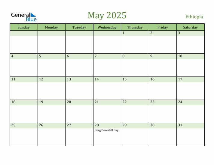 May 2025 Calendar with Ethiopia Holidays