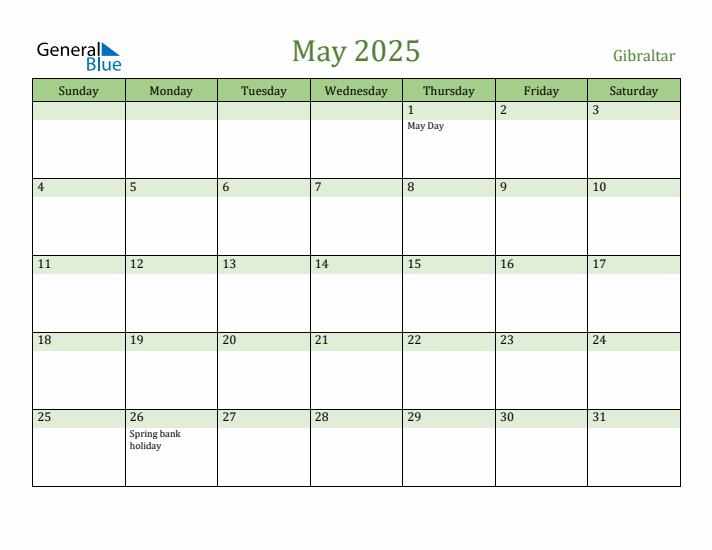 May 2025 Calendar with Gibraltar Holidays