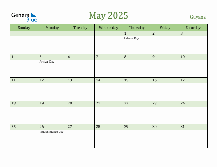 May 2025 Calendar with Guyana Holidays