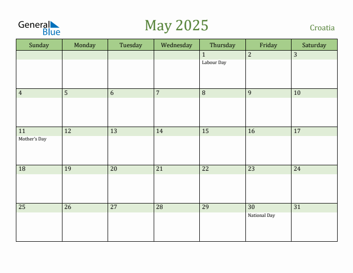 May 2025 Calendar with Croatia Holidays