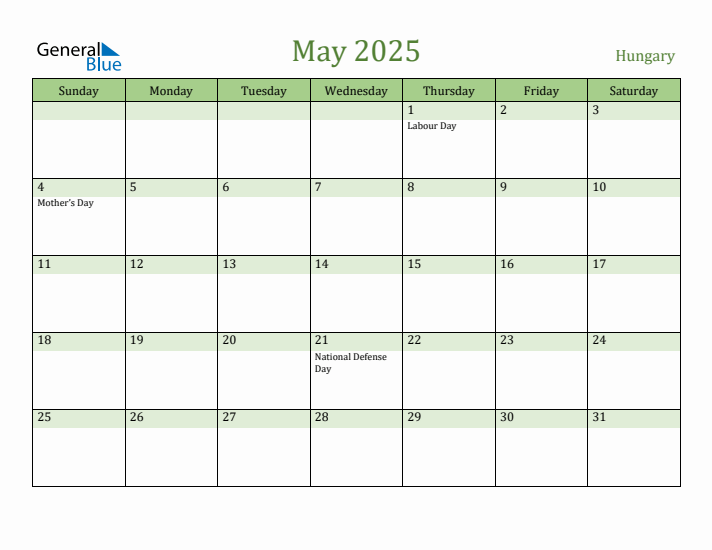 May 2025 Calendar with Hungary Holidays