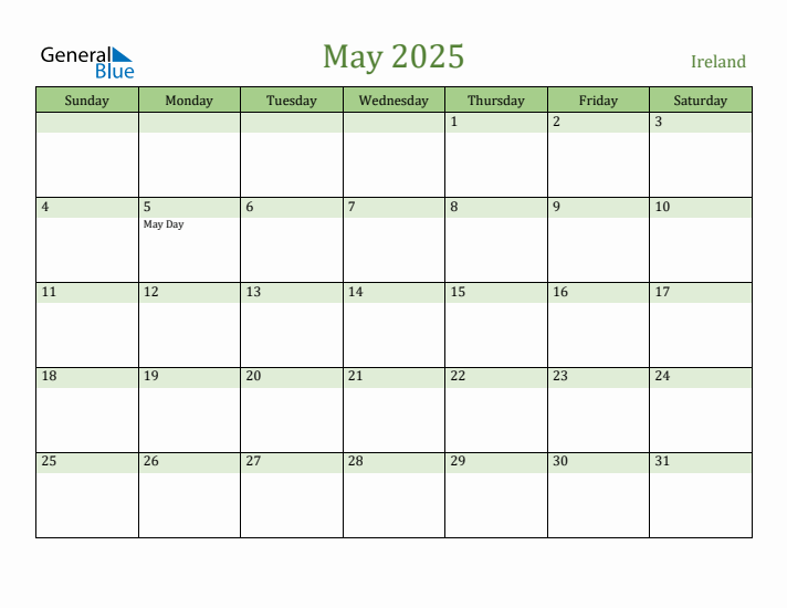 May 2025 Calendar with Ireland Holidays