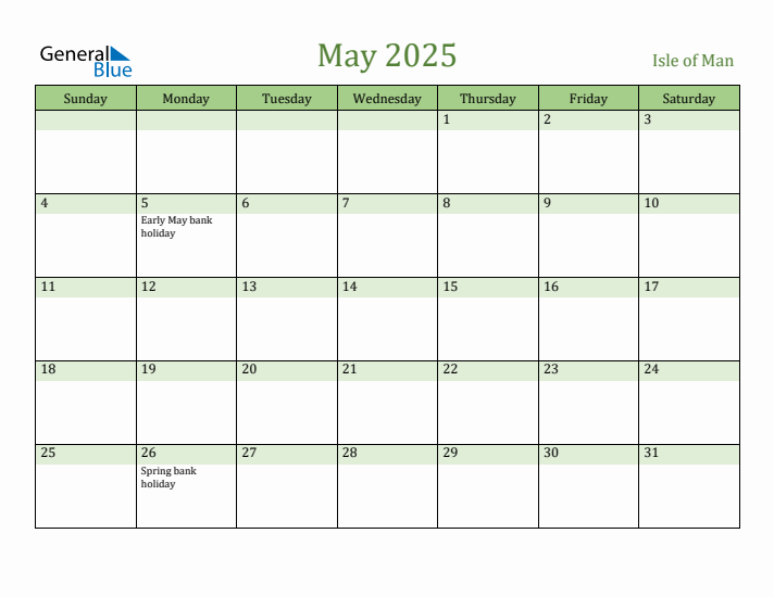 May 2025 Calendar with Isle of Man Holidays