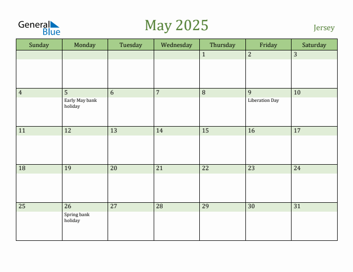 May 2025 Calendar with Jersey Holidays