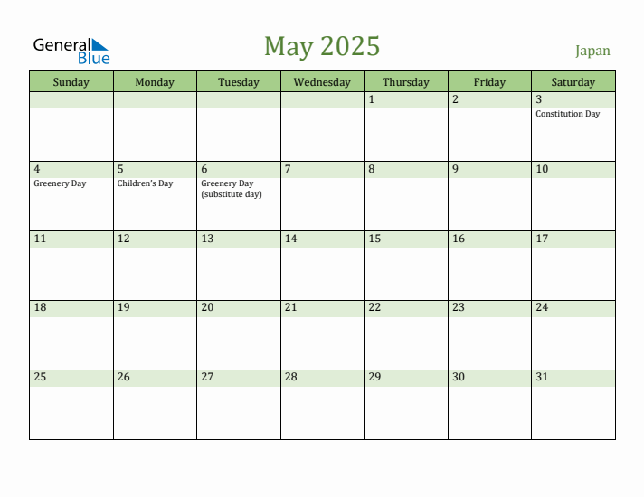 May 2025 Calendar with Japan Holidays