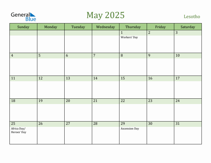 May 2025 Calendar with Lesotho Holidays