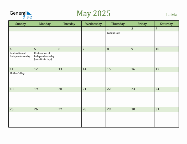 May 2025 Calendar with Latvia Holidays