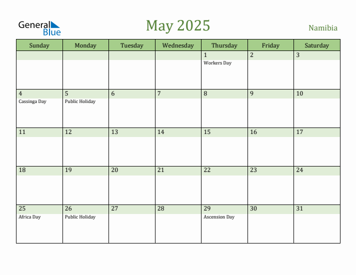 May 2025 Calendar with Namibia Holidays