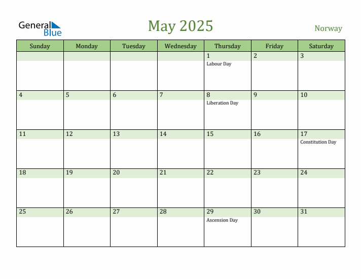 May 2025 Calendar with Norway Holidays