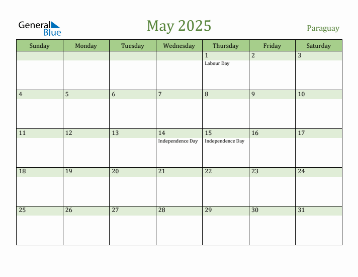 May 2025 Calendar with Paraguay Holidays