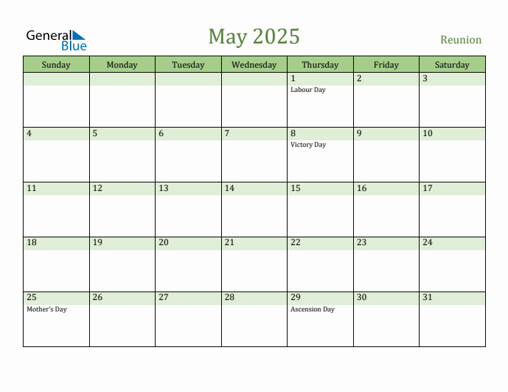 May 2025 Calendar with Reunion Holidays