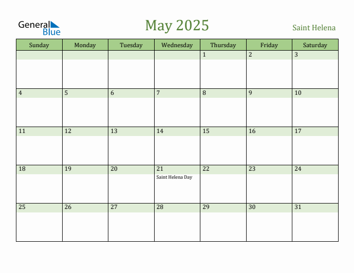 May 2025 Calendar with Saint Helena Holidays