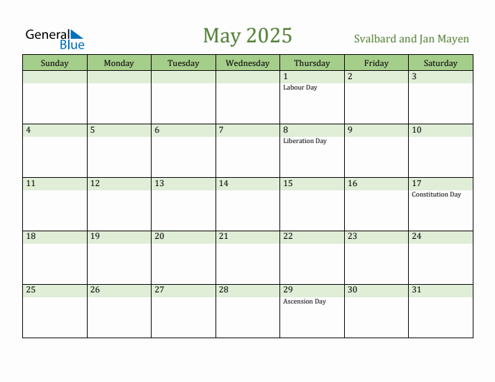 May 2025 Calendar with Svalbard and Jan Mayen Holidays