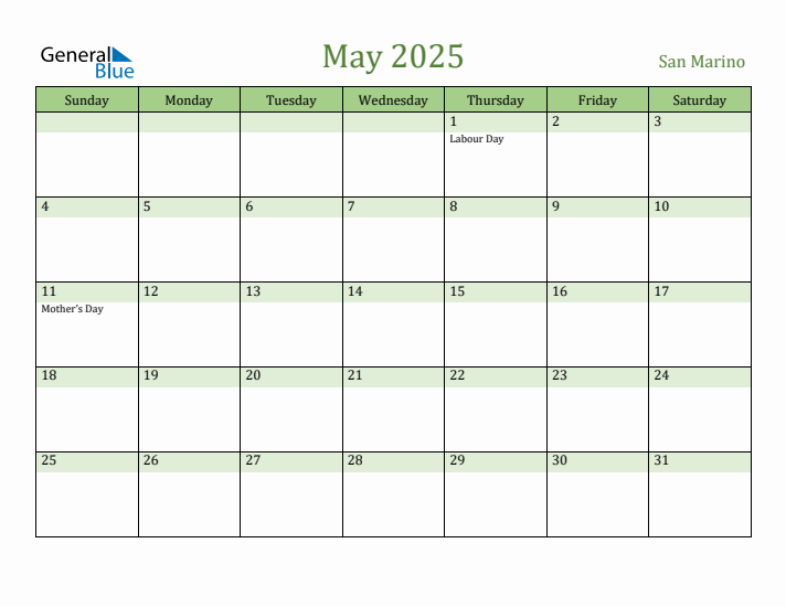 May 2025 Calendar with San Marino Holidays