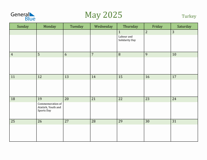 May 2025 Calendar with Turkey Holidays