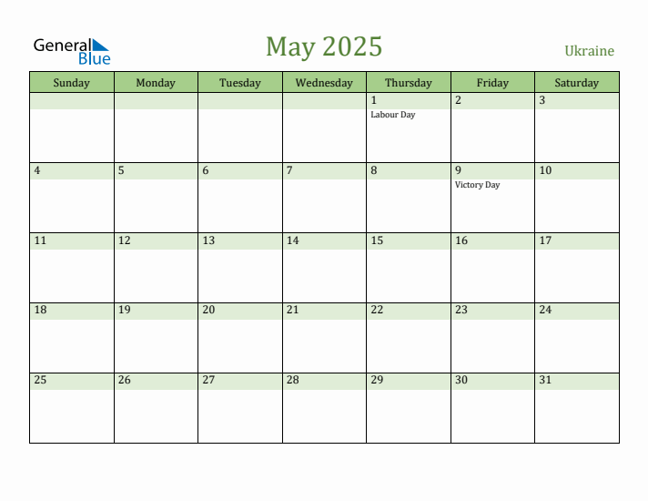 May 2025 Calendar with Ukraine Holidays