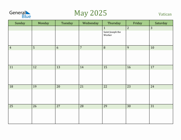 May 2025 Calendar with Vatican Holidays