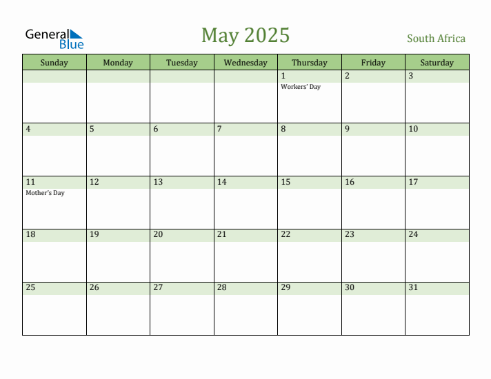 May 2025 Calendar with South Africa Holidays