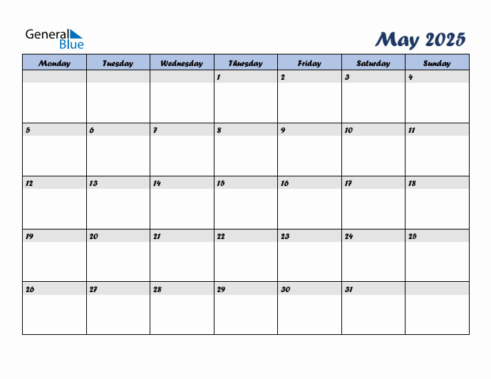 May 2025 Blue Calendar (Monday Start)