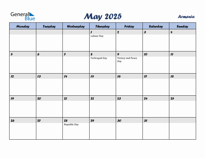 May 2025 Calendar with Holidays in Armenia