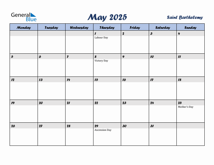 May 2025 Calendar with Holidays in Saint Barthelemy