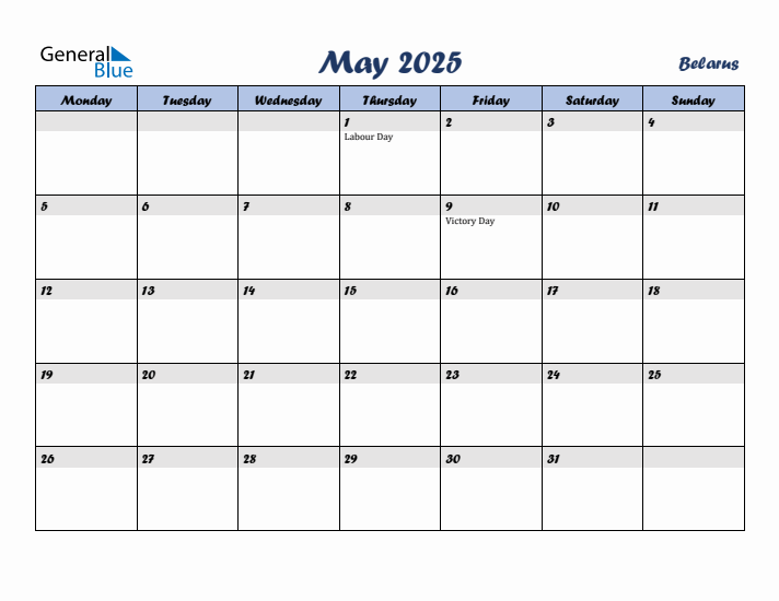 May 2025 Calendar with Holidays in Belarus