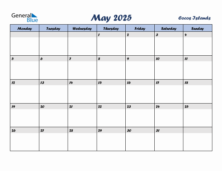 May 2025 Calendar with Holidays in Cocos Islands